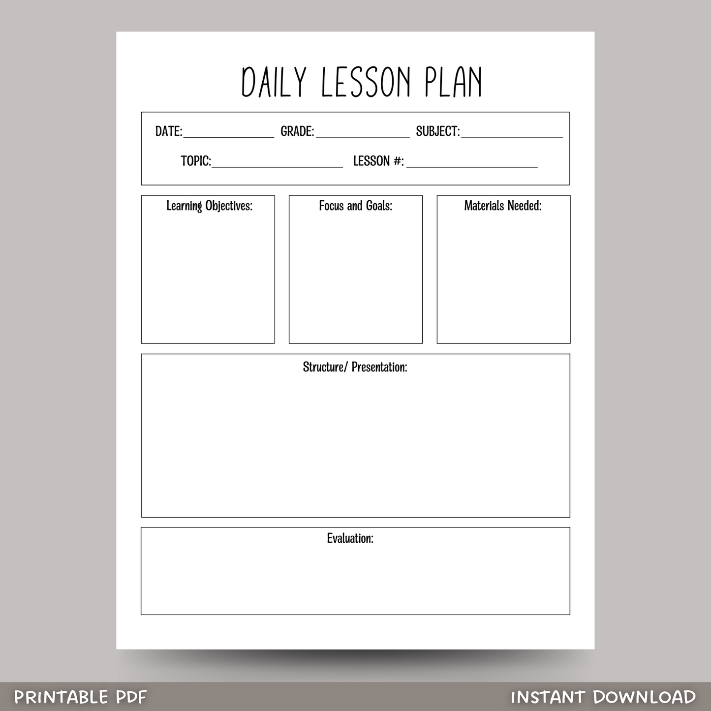 Daily Lesson Plan Template Printable, Simple Minimalist Lesson Planner