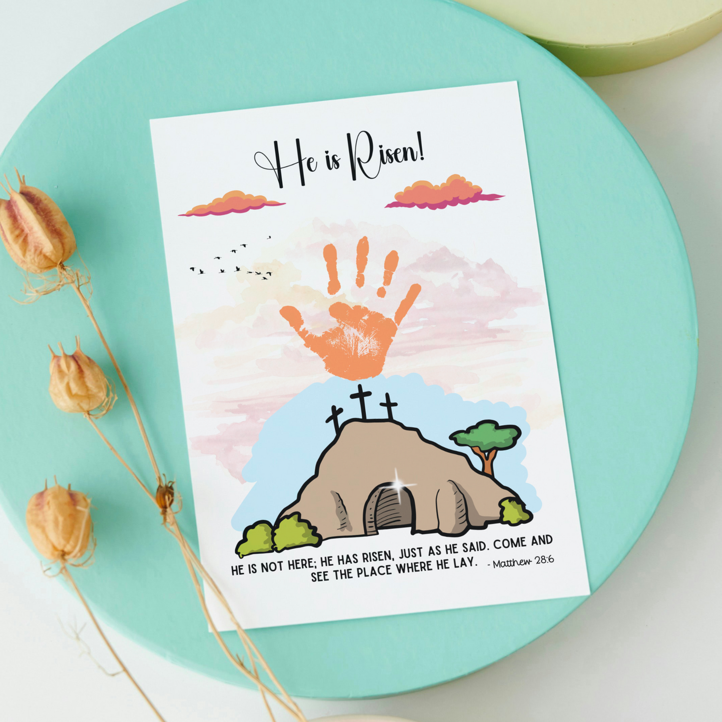 He is Risen Easter Handprint Craft Printable, Resurrection DIY Religious Christian Art for Kids Sunday School Preschool Activity