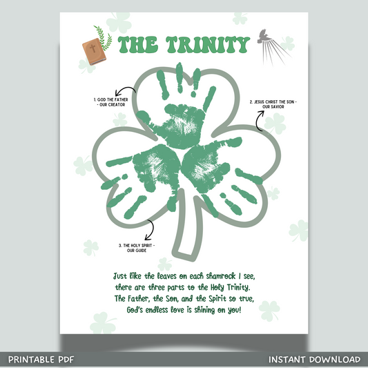 St Patricks Day Holy Trinity Handprint Craft Printable, Shamrock Bible Lesson Art