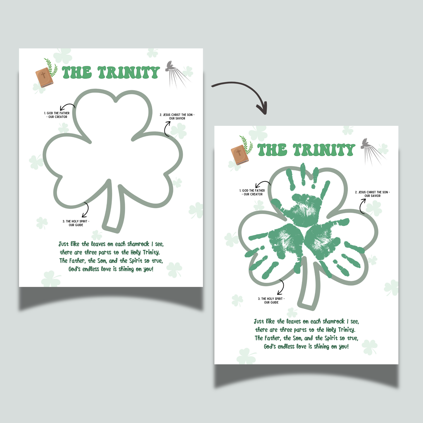 St Patricks Day Holy Trinity Handprint Craft Printable, Shamrock Bible Lesson Art Keepsake for Sunday School Church Kids Christian Activity