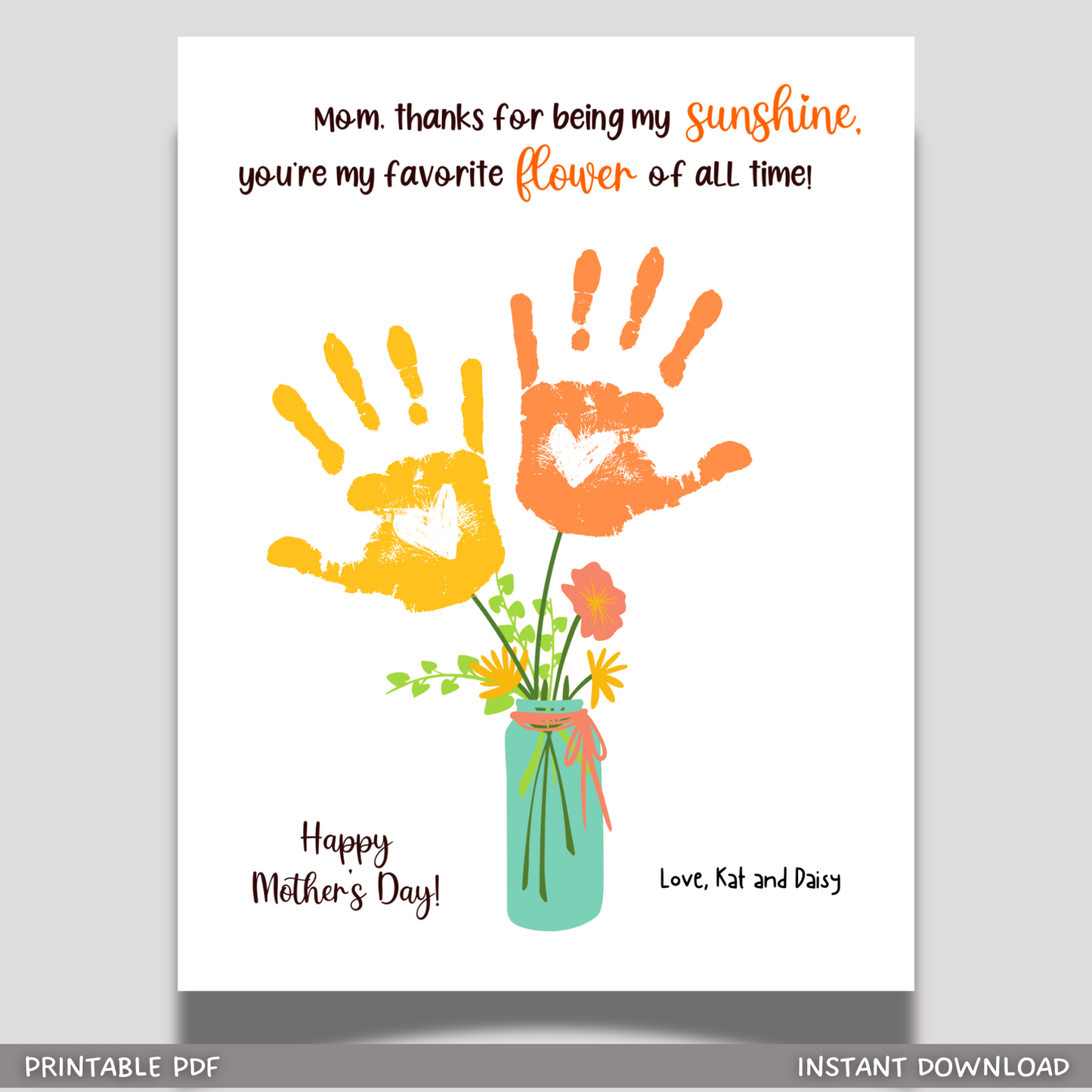 Mothers Day Handprint Flower Bouquet Craft for Kids Printable, Mom Card Art Gift