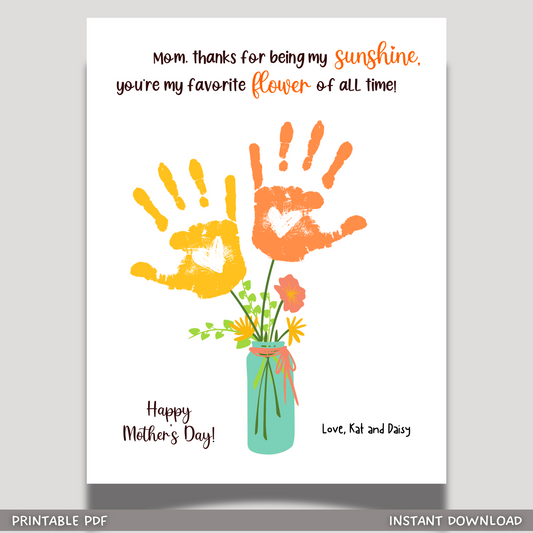 Mothers Day Handprint Flower Bouquet Craft for Kids Printable, Mom Card Art Gift