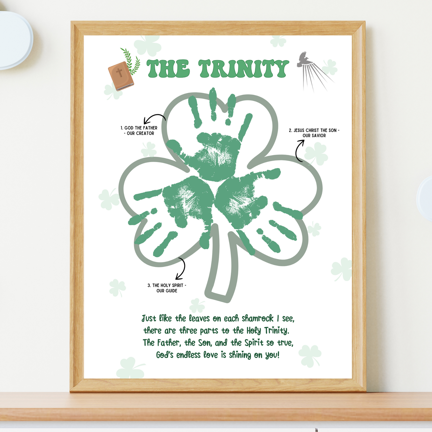 St Patricks Day Holy Trinity Handprint Craft Printable, Shamrock Bible Lesson Art Keepsake for Sunday School Church Kids Christian Activity