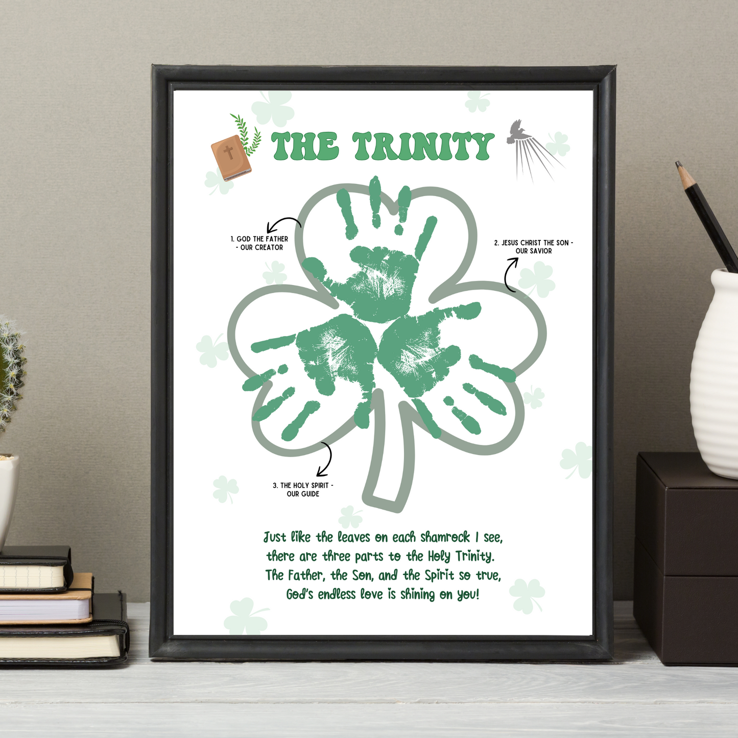 St Patricks Day Holy Trinity Handprint Craft Printable, Shamrock Bible Lesson Art Keepsake for Sunday School Church Kids Christian Activity