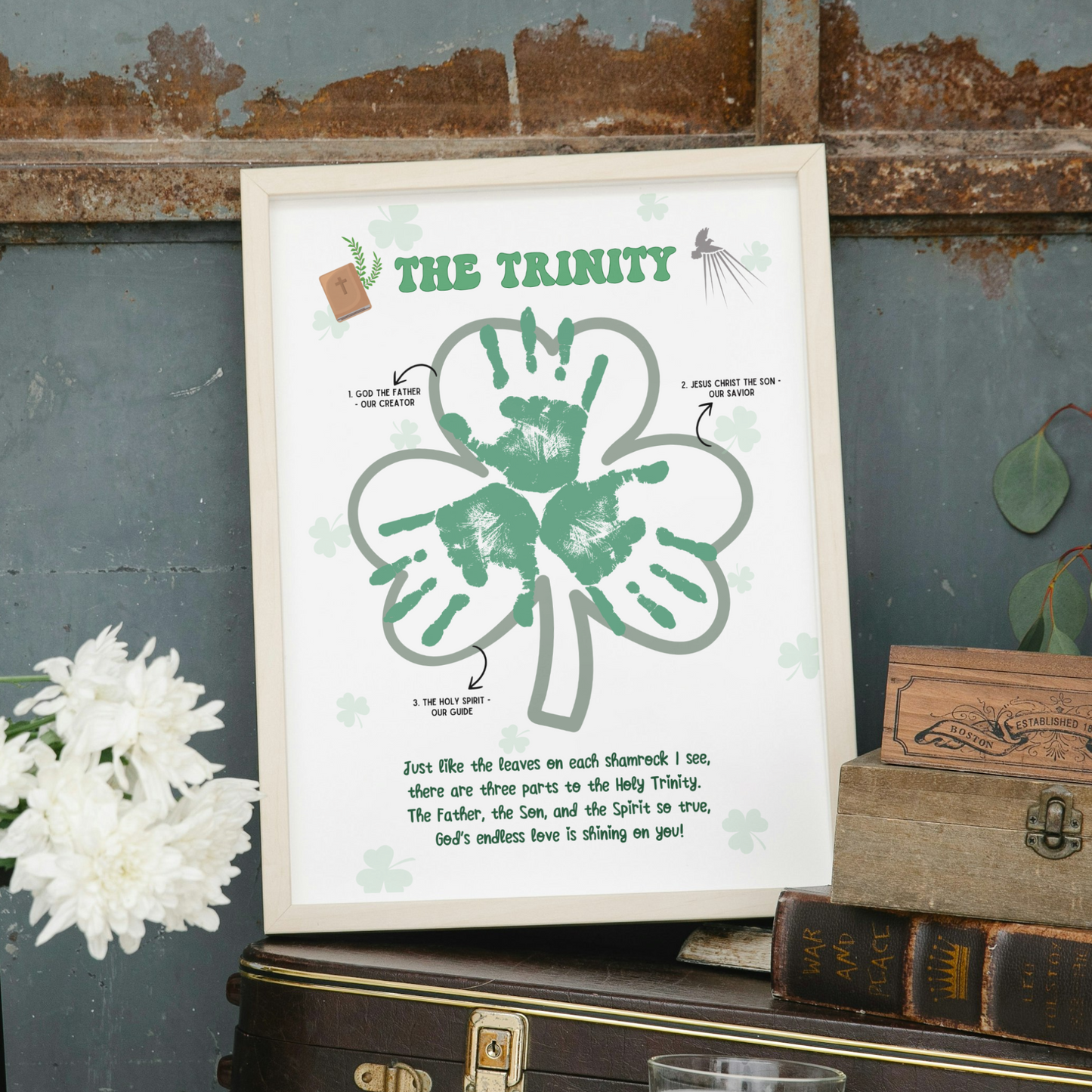 St Patricks Day Holy Trinity Handprint Craft Printable, Shamrock Bible Lesson Art Keepsake for Sunday School Church Kids Christian Activity