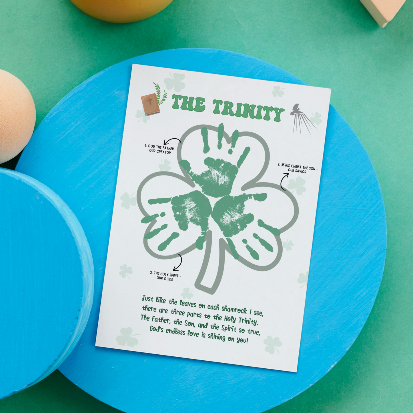 St Patricks Day Holy Trinity Handprint Craft Printable, Shamrock Bible Lesson Art Keepsake for Sunday School Church Kids Christian Activity