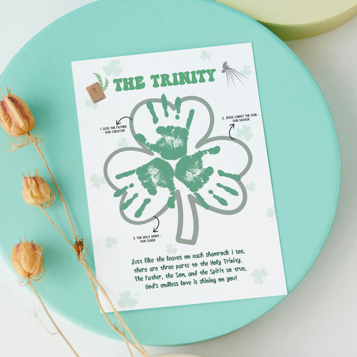 St Patricks Day Holy Trinity Handprint Craft Printable, Shamrock Bible Lesson Art Keepsake for Sunday School Church Kids Christian Activity