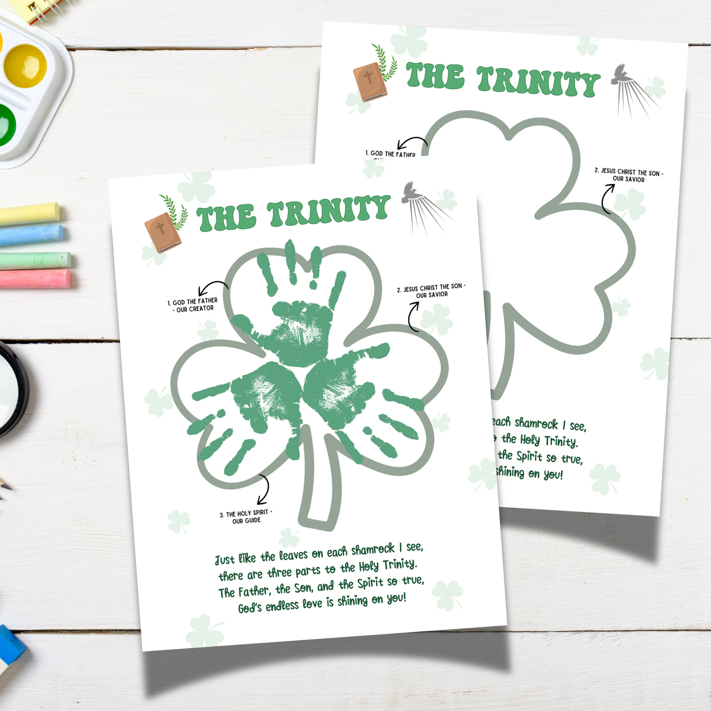 St Patricks Day Holy Trinity Handprint Craft Printable, Shamrock Bible Lesson Art Keepsake for Sunday School Church Kids Christian Activity