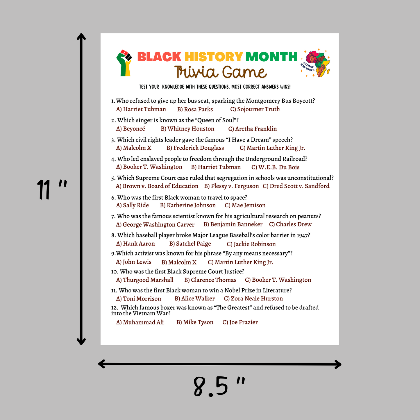 Black History Month Trivia Game Printable, Historical African American Celebration Party Activity Adults Kids Seniors