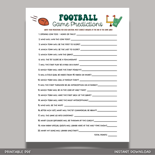 2025 Super Bowl Sunday Predictions 59 Game Printable, Football Party Activity