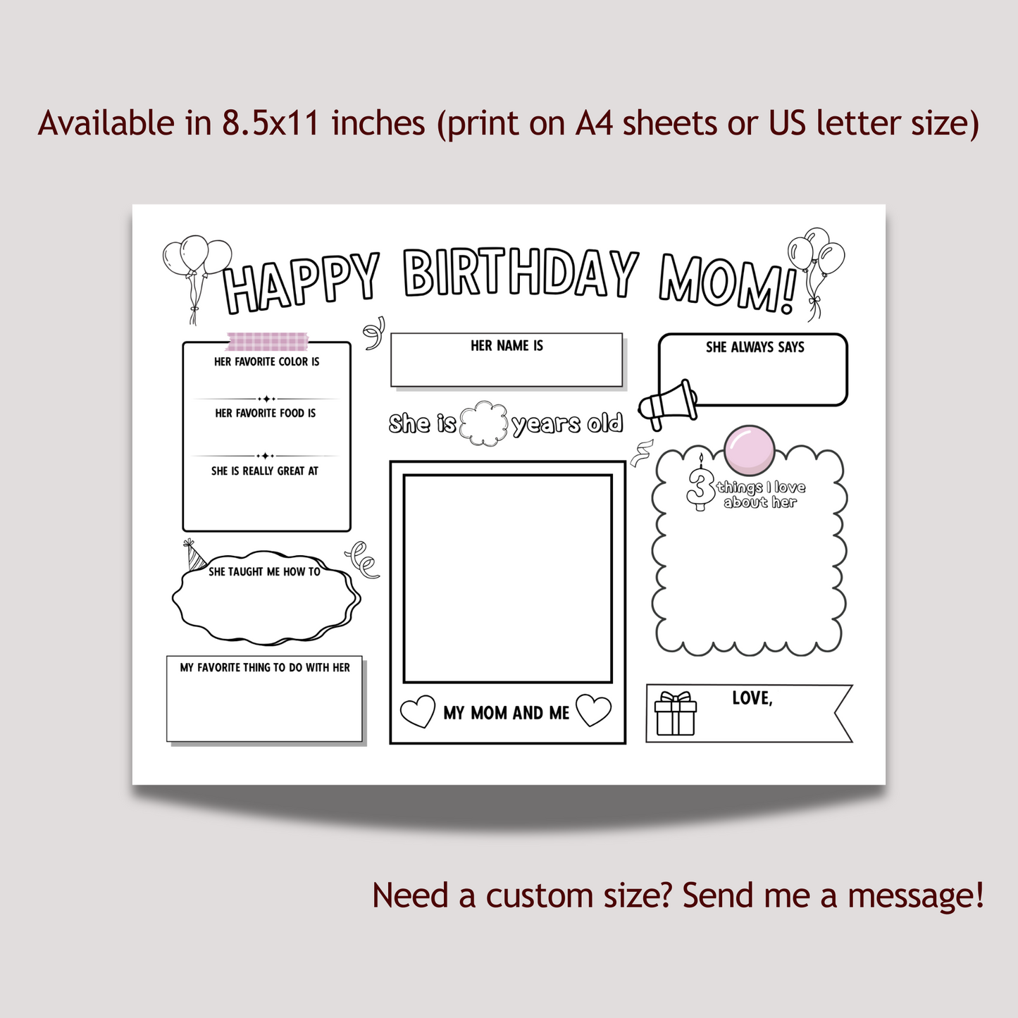 Happy Birthday Mom Coloring Page Printable DIY Personalized Gift from Kids All About Mommy Card Placemat Activity Sheet Mother Questionnaire
