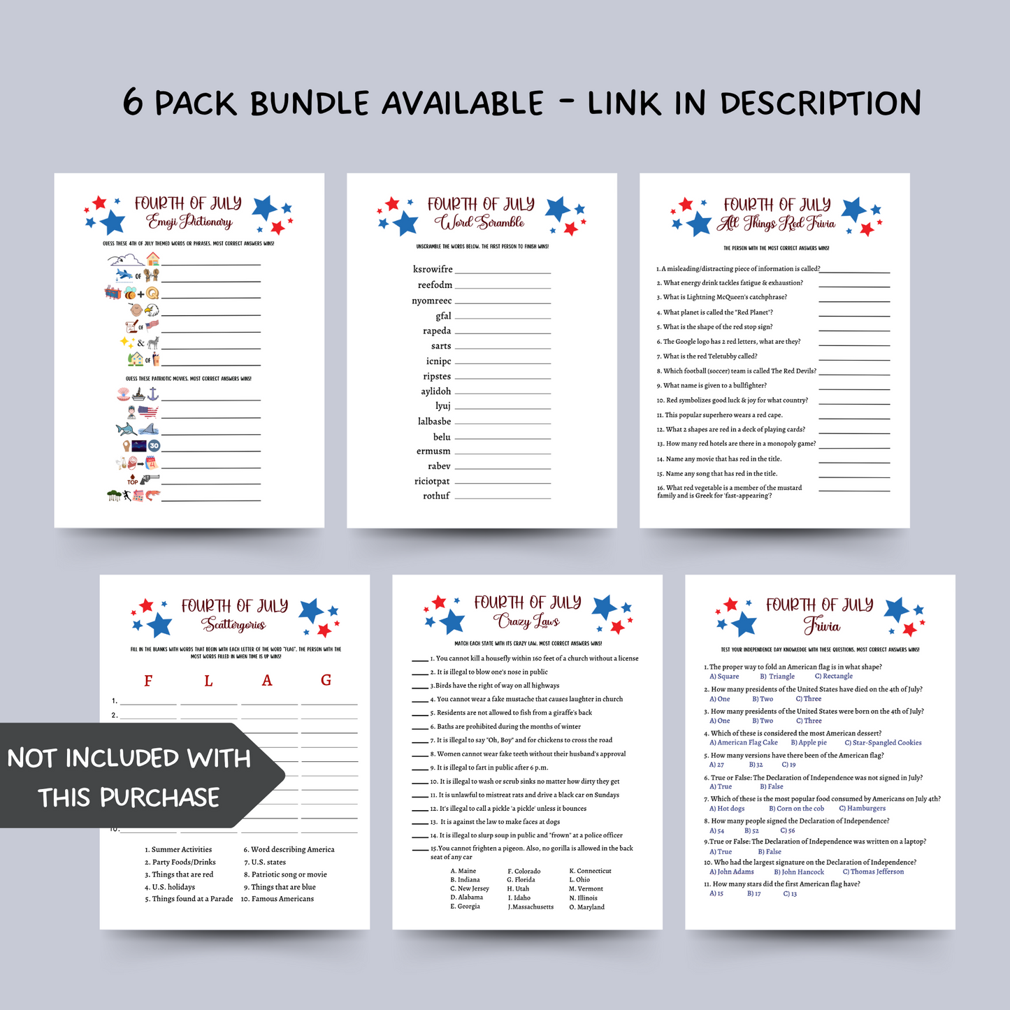 4th of July Crazy Laws Game Printable, Family Trivia Activity Adults & Kids