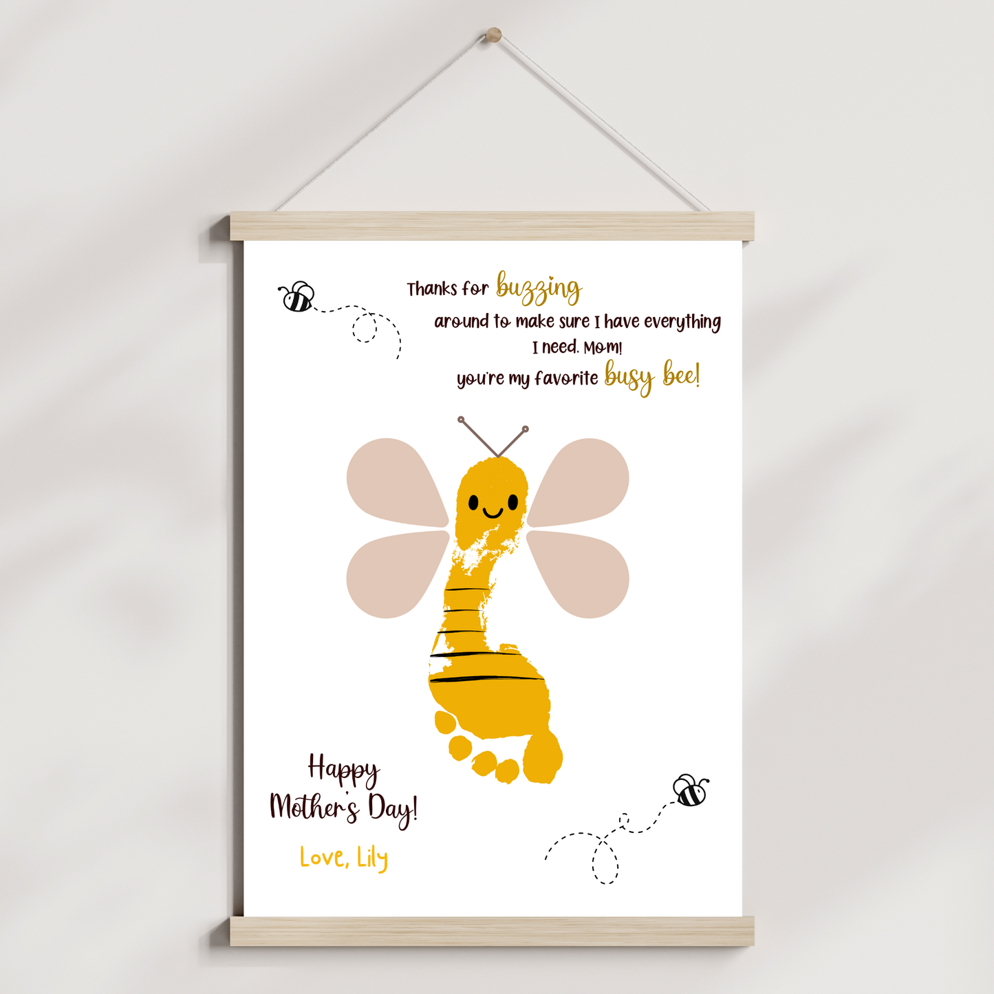 Mothers Day Footprint Bee Craft for Kids Printable, Card Art Mom Birthday Gift