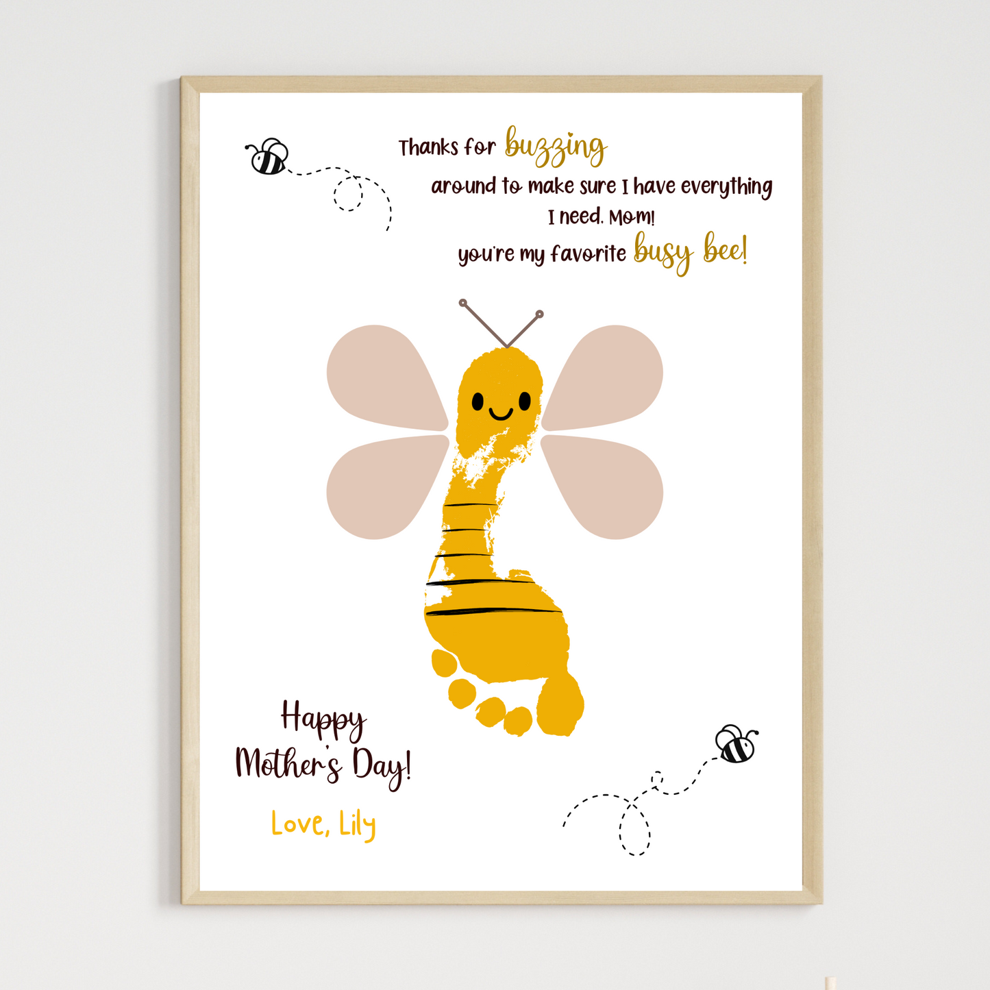 Mothers Day Footprint Bee Craft for Kids Printable, Card Art Mom Birthday Gift