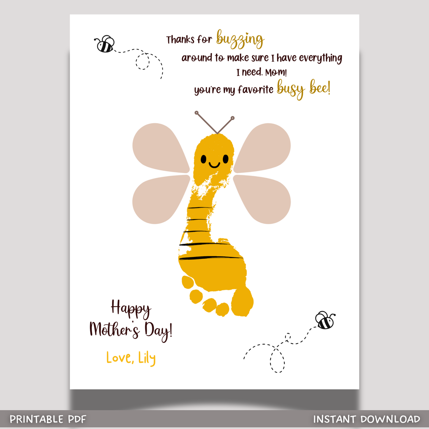 Mothers Day Footprint Bee Craft for Kids Printable, Card Art Mom Birthday Gift