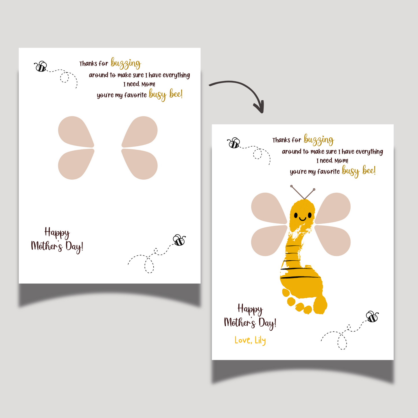 Mothers Day Footprint Bee Craft for Kids Printable, Card Art Mom Birthday Gift