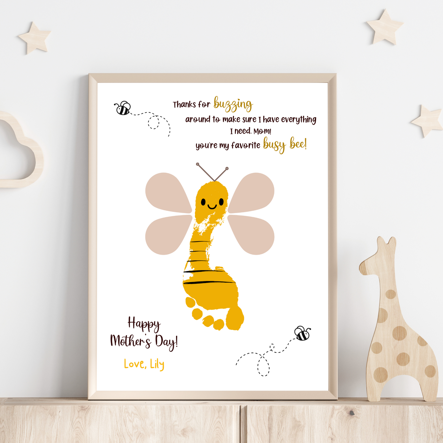 Mothers Day Footprint Bee Craft for Kids Printable, Card Art Mom Birthday Gift