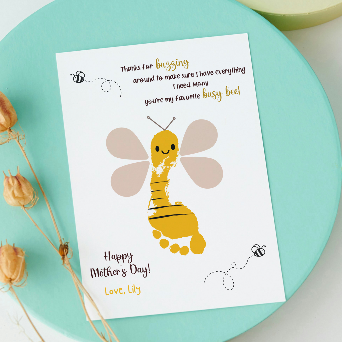 Mothers Day Footprint Bee Craft for Kids Printable, Card Art Mom Birthday Gift