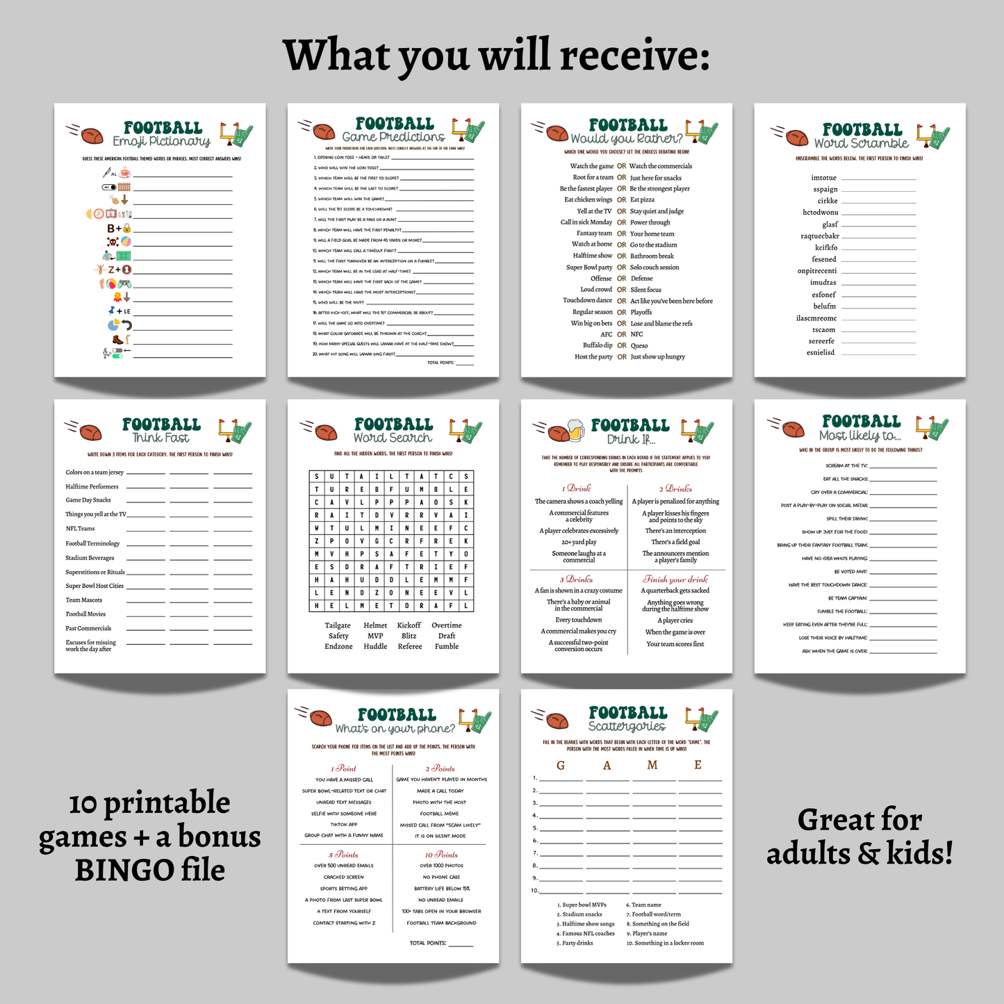 Football Party Games Bundle Printable, 2025 Big Game Super Sunday Activity