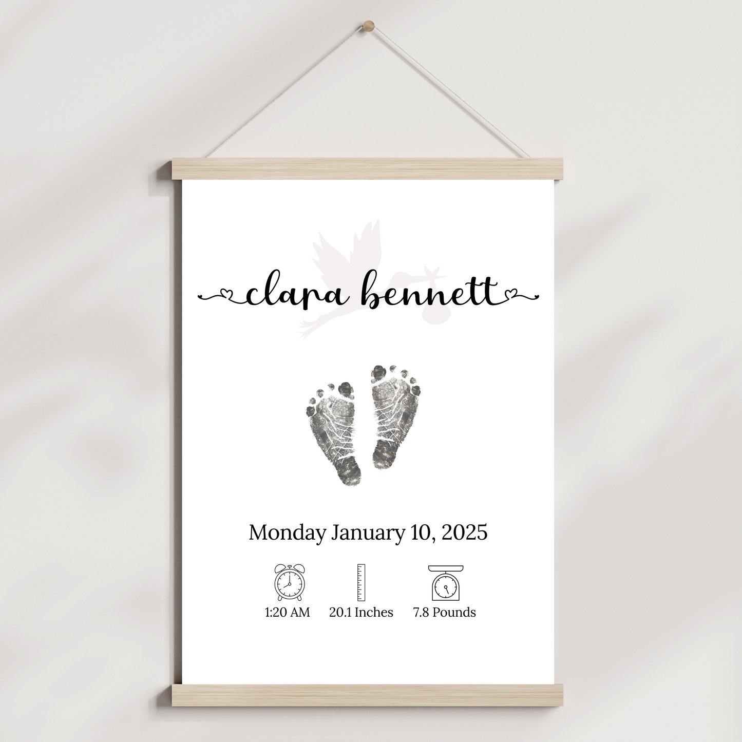 Personalized Baby Birth Announcement Printable, Newborn Footprint DIY Nursery Wall Art