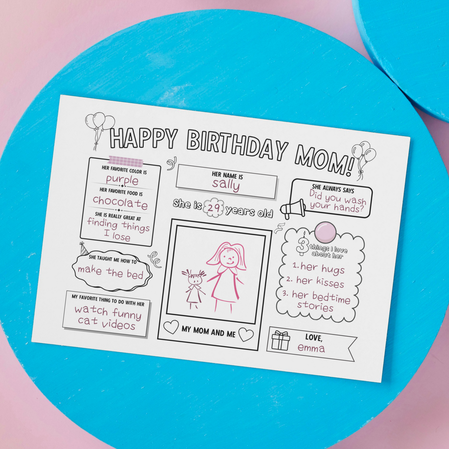 Happy Birthday Mom Coloring Page Printable DIY Personalized Gift from Kids All About Mommy Card Placemat Activity Sheet Mother Questionnaire