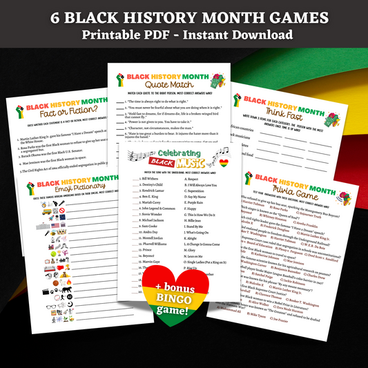 Black History Month Games Printable, Historical African American Celebration Trivia