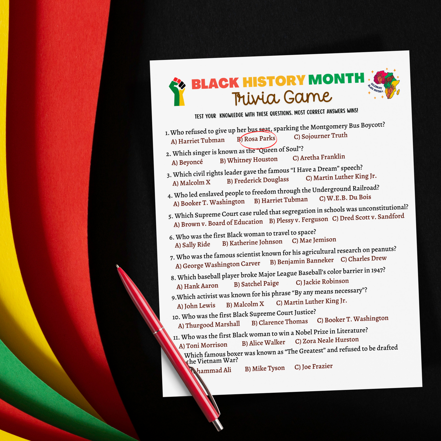 Black History Month Trivia Game Printable, Historical African American Celebration Party Activity Adults Kids Seniors