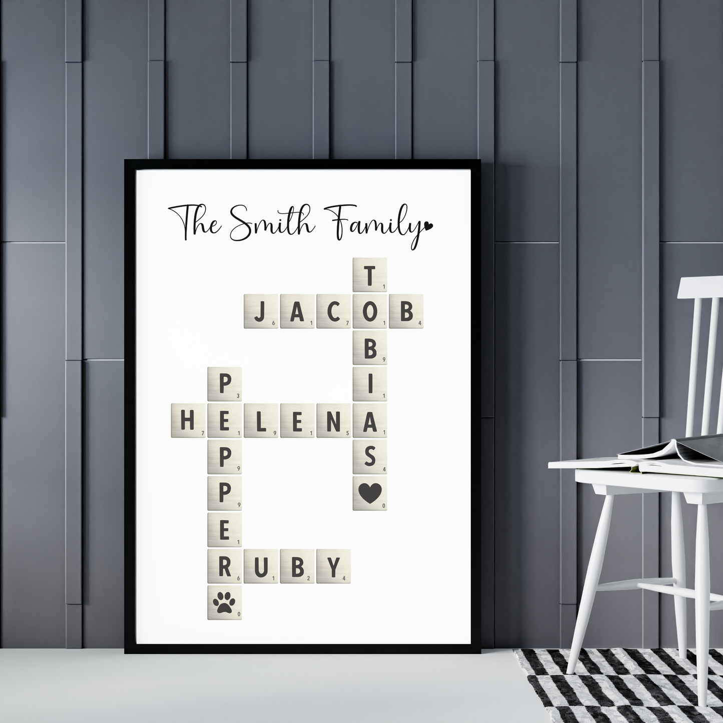 Custom Family Name Sign Printable, Personalized Crossword Scrabble Letter Tile Puzzle Gift
