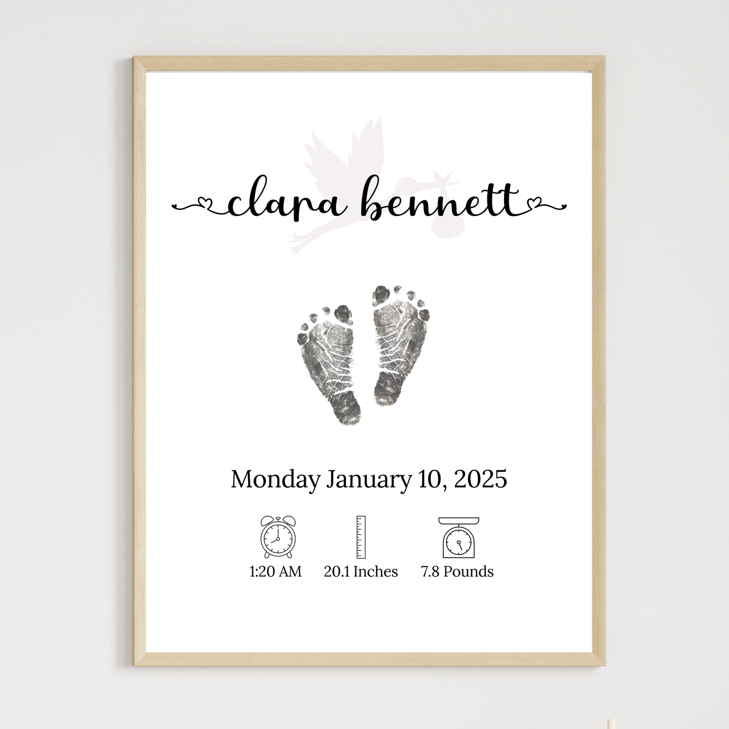 Personalized Baby Birth Announcement Printable, Newborn Footprint DIY Nursery Wall Art
