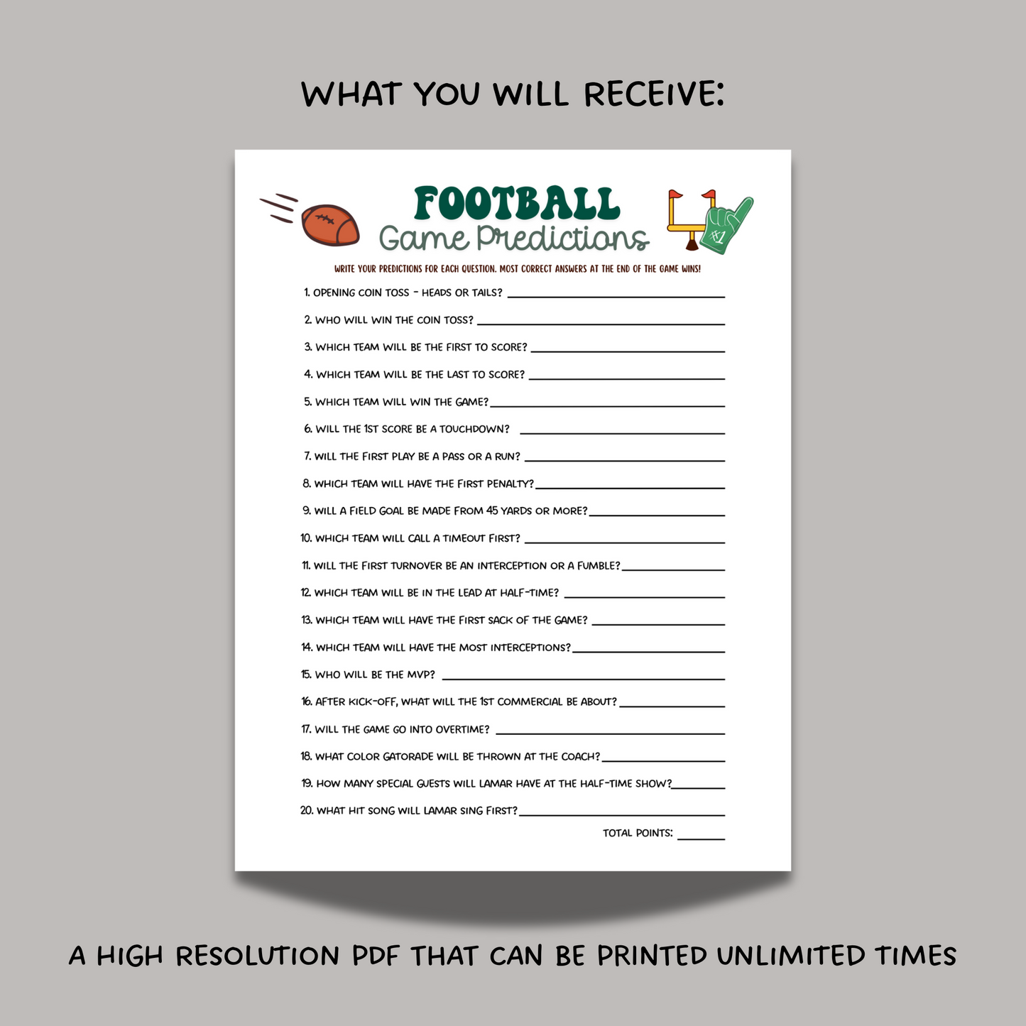 2025 Super Bowl Sunday Predictions 59 Game Printable, Football Party Tailgate Activity, Fantasy Football for Adults Kids Watch Party Betting Pool
