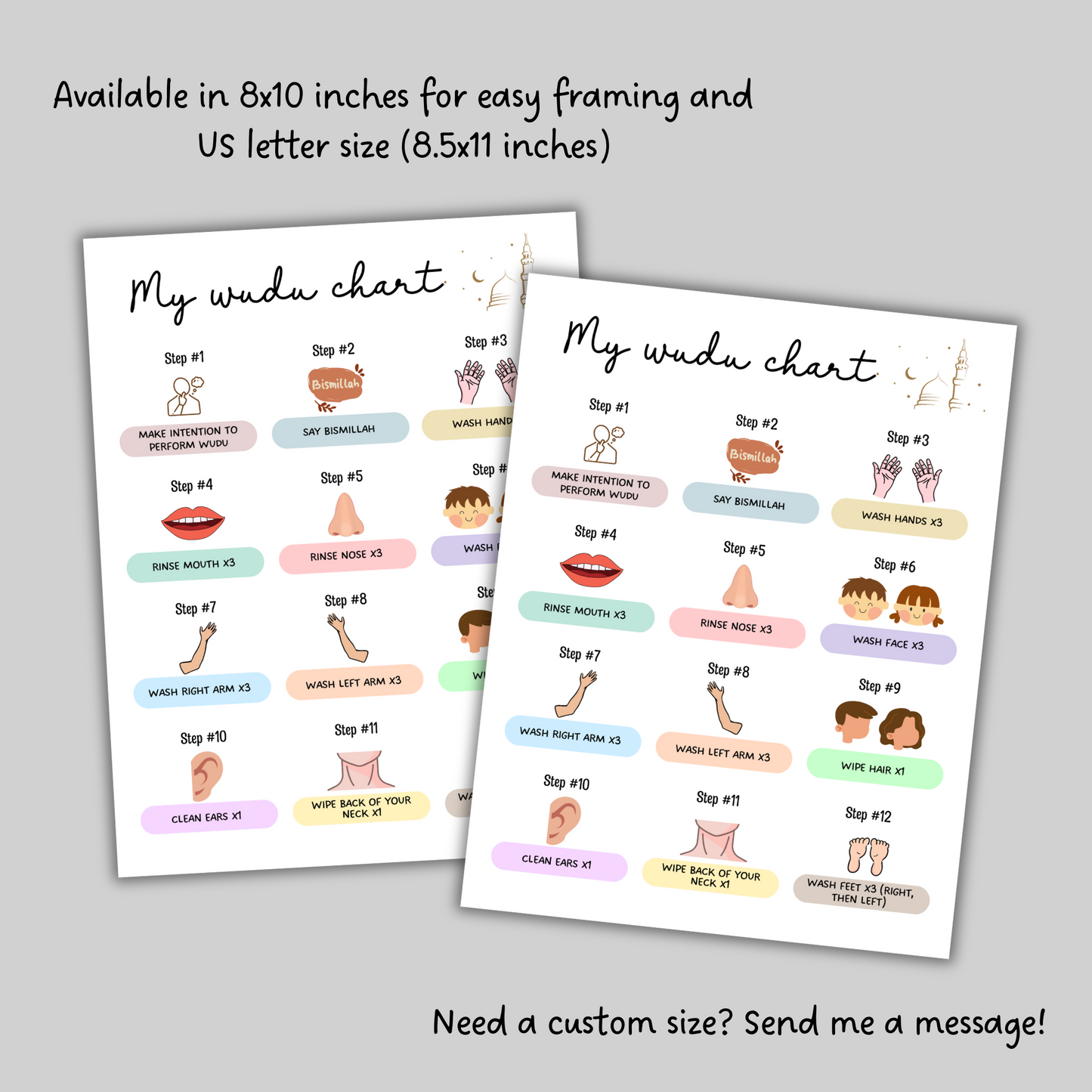 Wudu Poster Chart Step by Step Guide Printable for kids, Islamic Wall Art Ablution Muslim Islam Learning Kids Print Instant Digital Download
