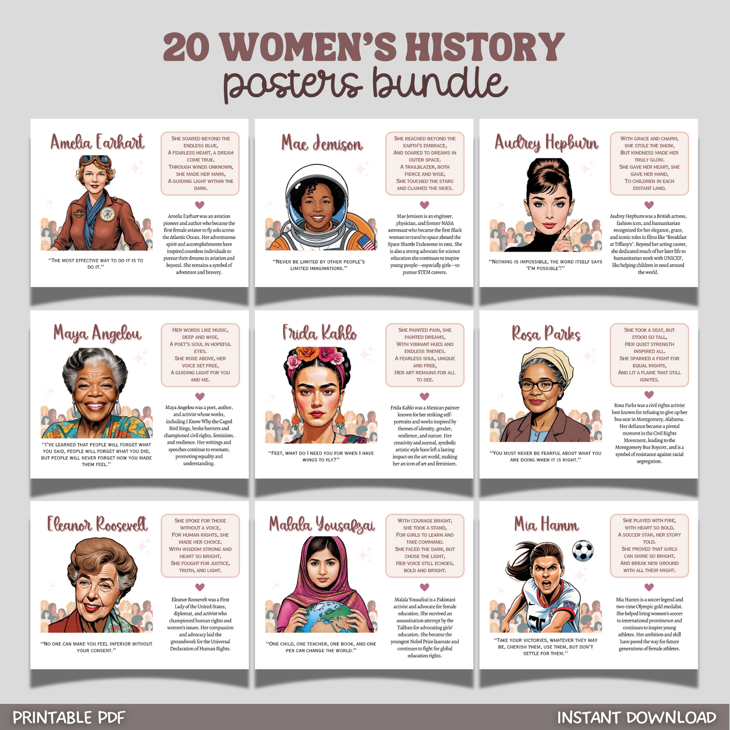 Womens History Poster Set Printable, Inspirational Quote Classroom March Bulletin Board Display Art Teacher Print Activities Decor