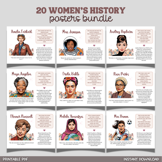 Womens History Poster Set Printable, Inspirational Quote March Art Decor