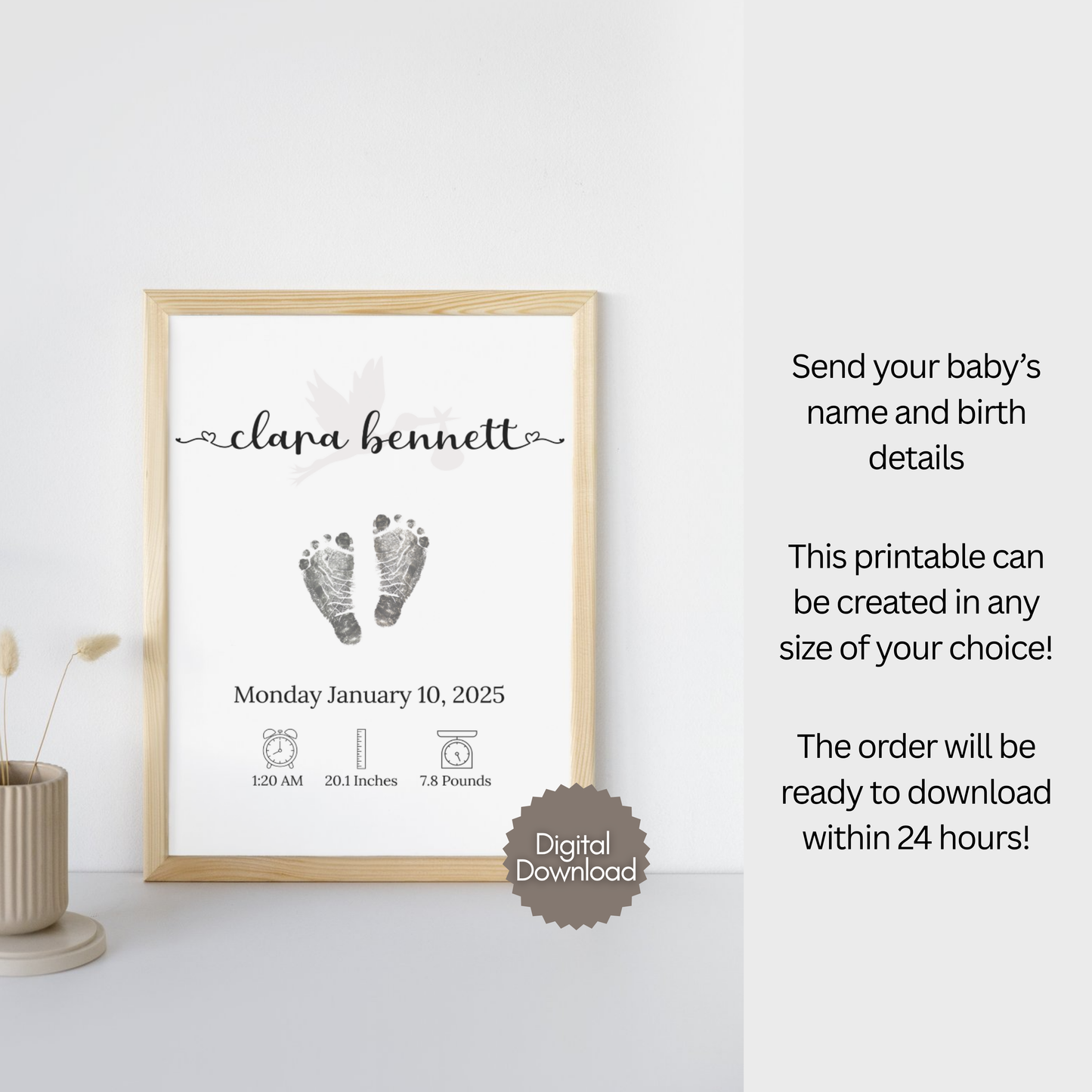Personalized Baby Birth Announcement Printable, Newborn Footprint DIY Nursery Wall Art