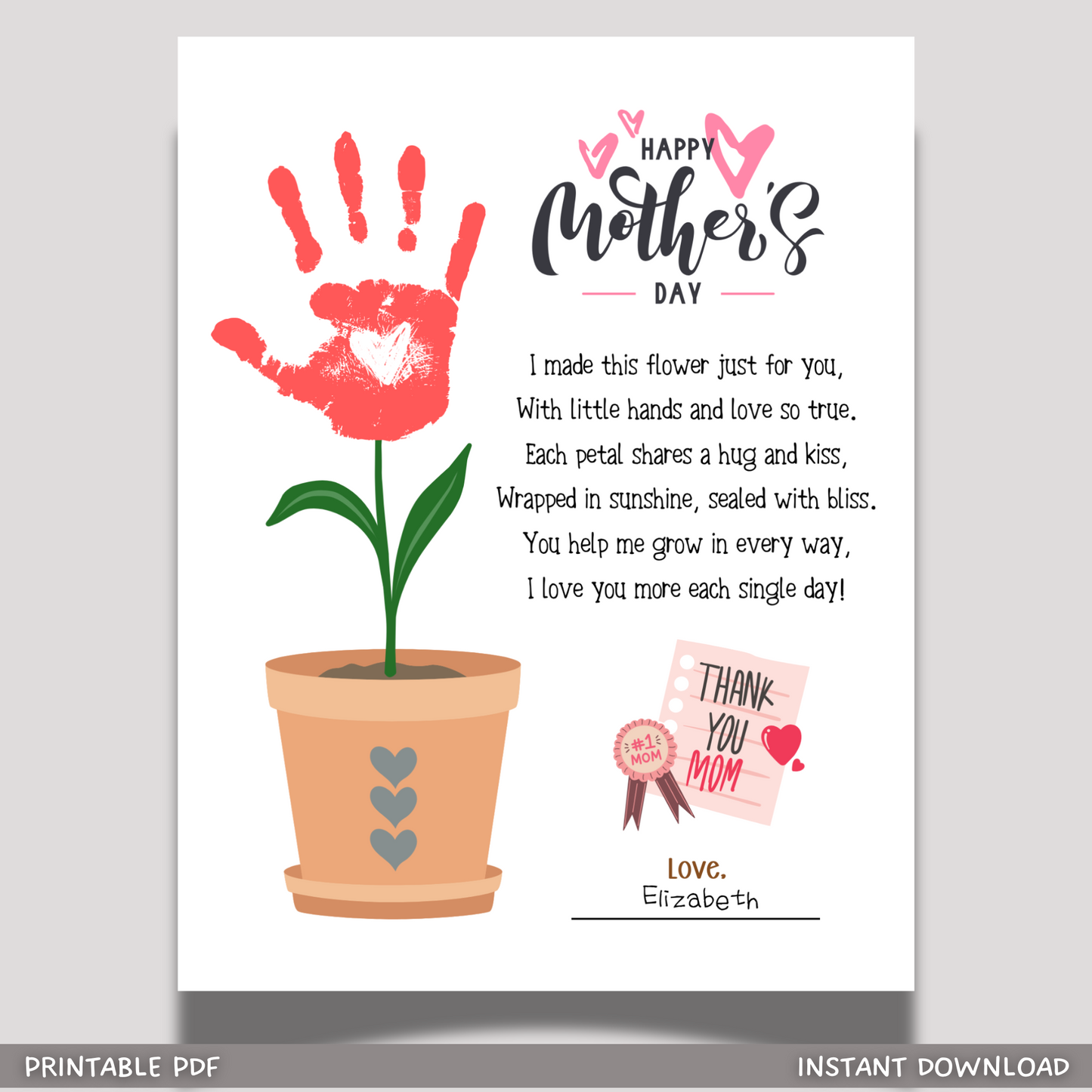 Mothers Day Handprint Flower Poem Craft for Kids Printable, Card Art Keepsake