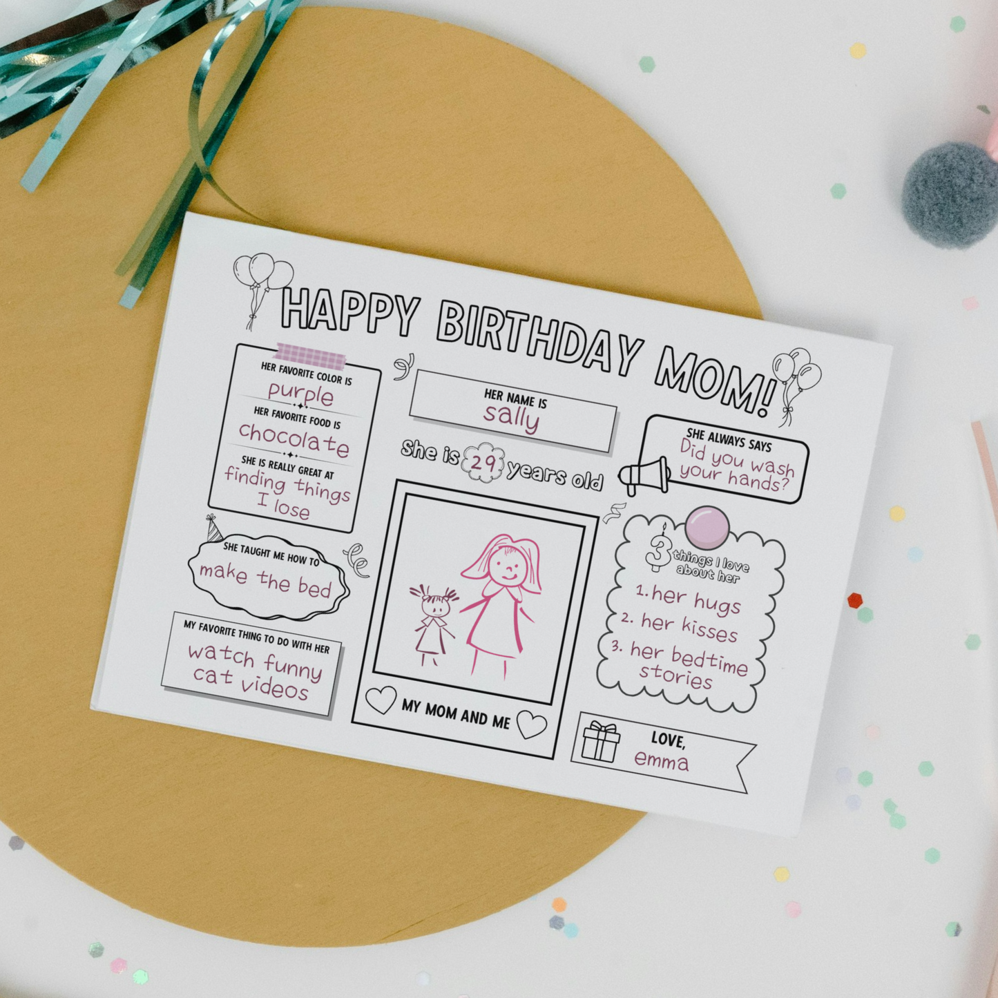 Happy Birthday Mom Coloring Page Printable DIY Personalized Gift from Kids All About Mommy Card Placemat Activity Sheet Mother Questionnaire