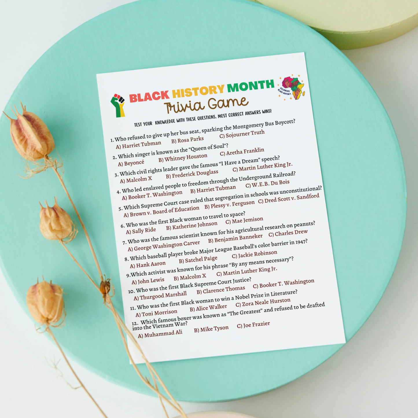 Black History Month Trivia Game Printable, Historical African American Celebration Party Activity Adults Kids Seniors