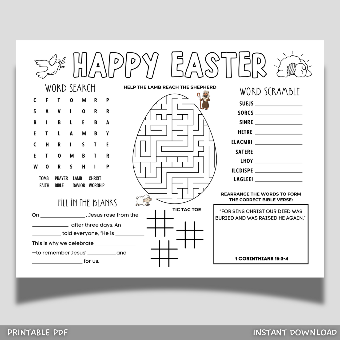 Easter Placemat Activity Printable Sheet, Christian Games For Kids Holy Week