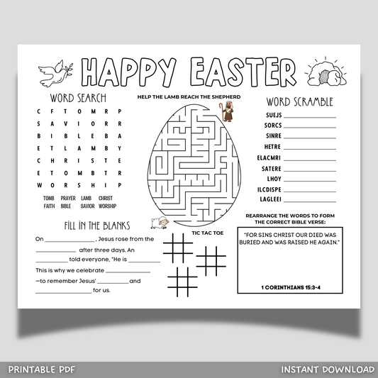 Easter Placemat Activity Printable Sheet, Christian Games For Kids Holy Week
