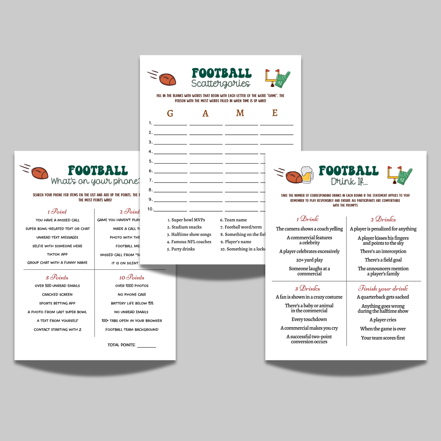 Football Party Games Bundle Printable, 2025 Big Game Super Sunday Activity