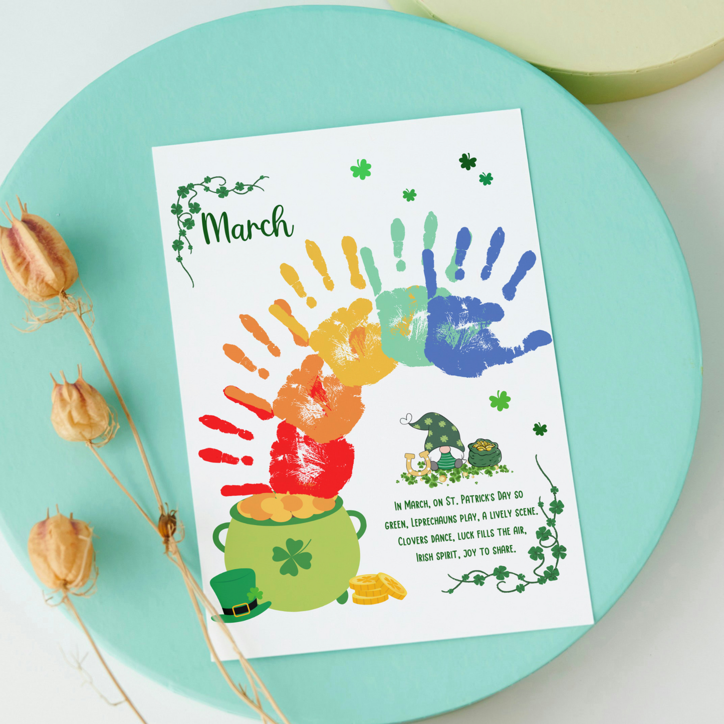 March Handprint Footprint Crafts Printable, DIY St Patricks Day Art for Kids
