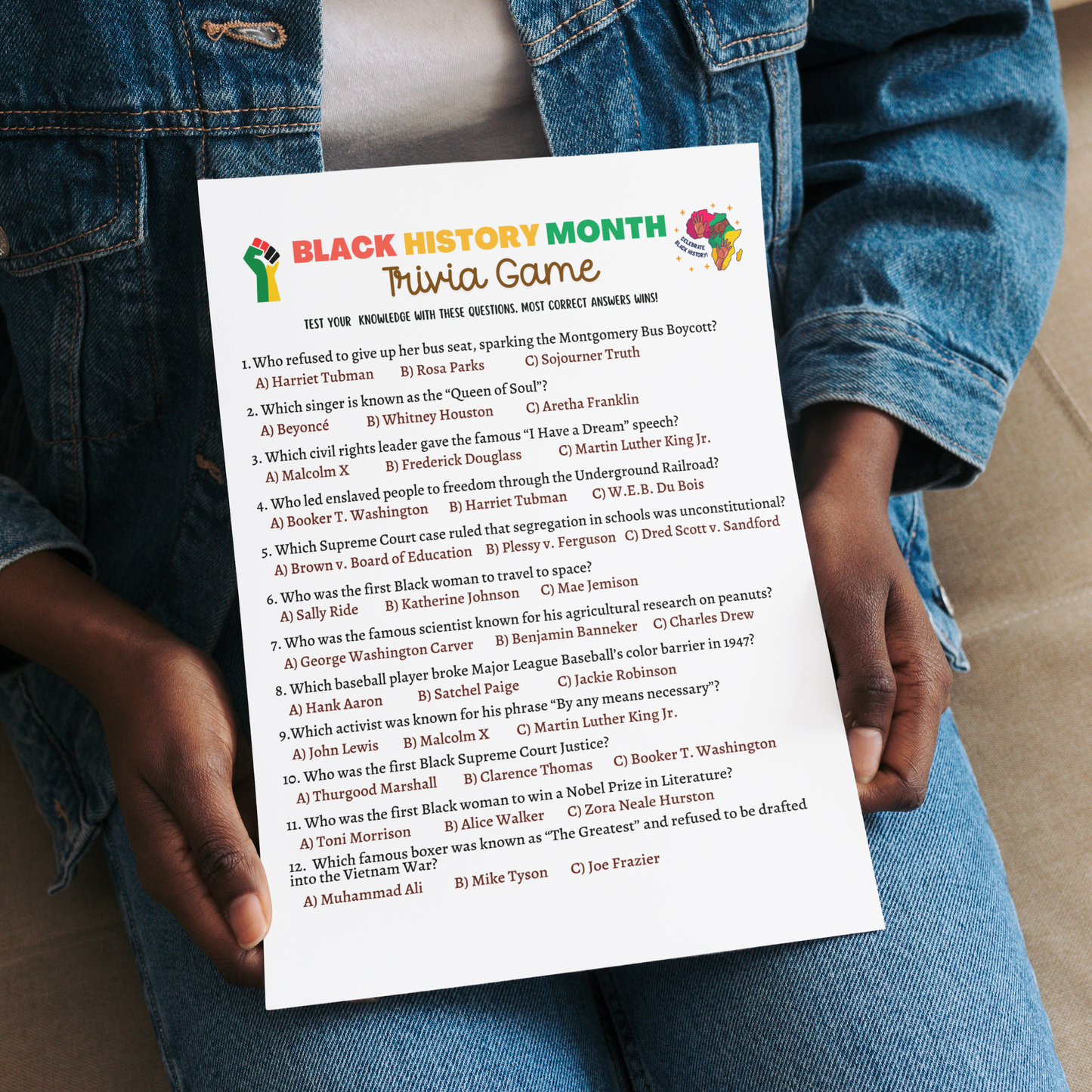 Black History Month Trivia Game Printable, Historical African American Celebration Party Activity Adults Kids Seniors