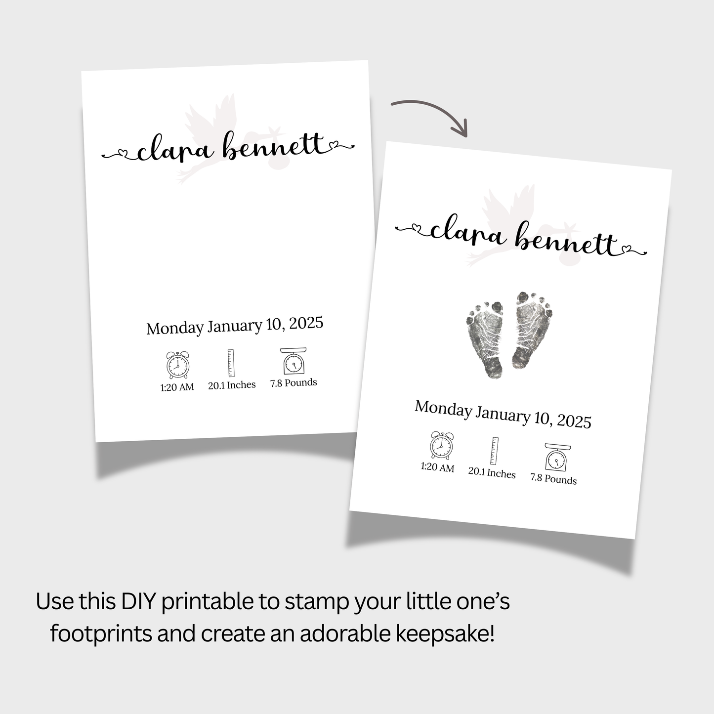 Personalized Baby Birth Announcement Printable, Newborn Footprint DIY Nursery Wall Art