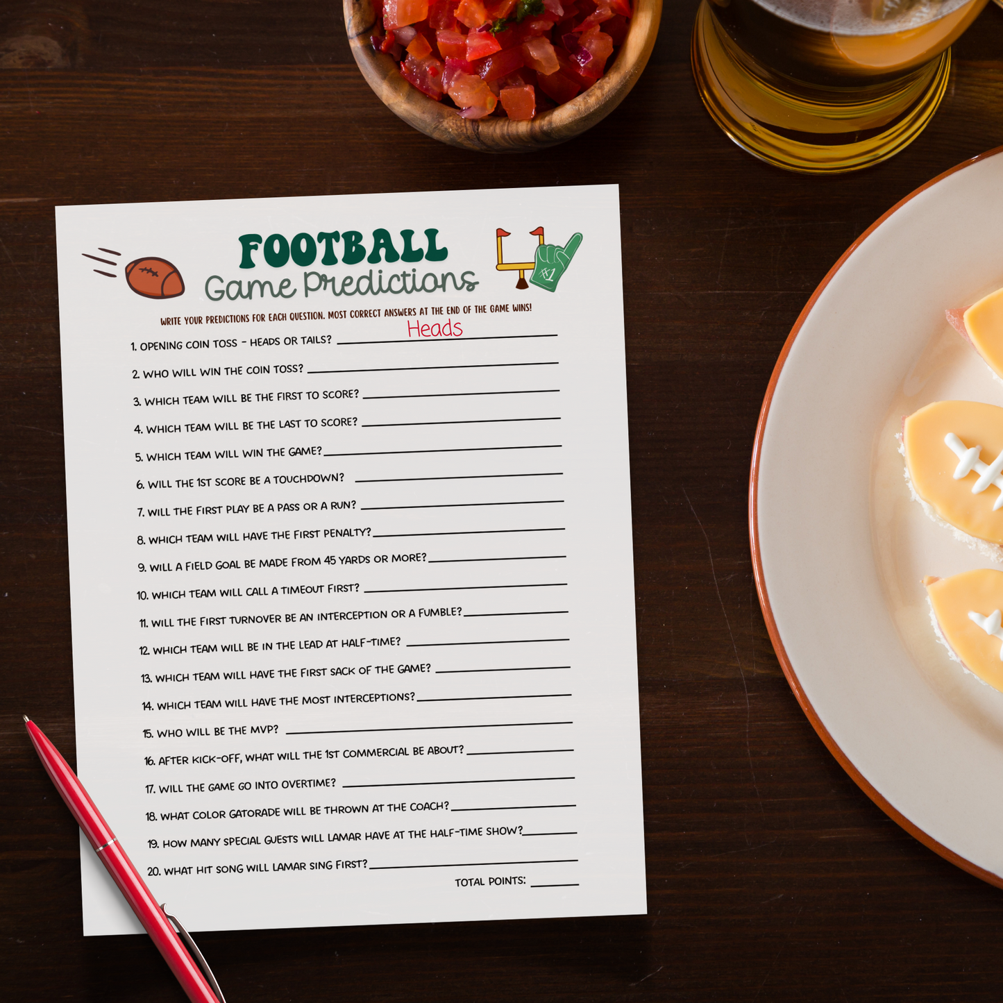 2025 Super Bowl Sunday Predictions 59 Game Printable, Football Party Tailgate Activity, Fantasy Football for Adults Kids Watch Party Betting Pool