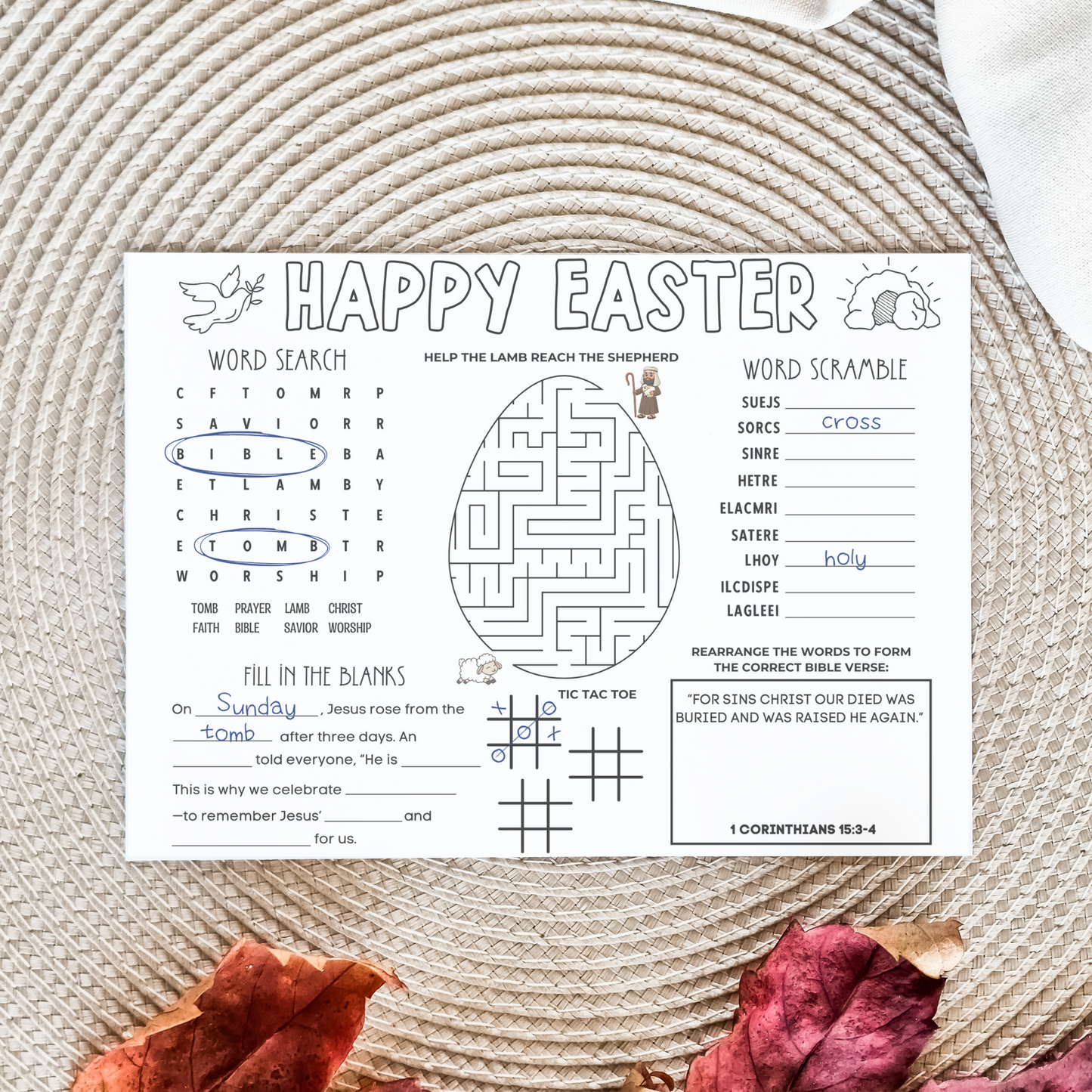 Easter Placemat Activity Printable Sheet, Christian Games For Kids Holy Week