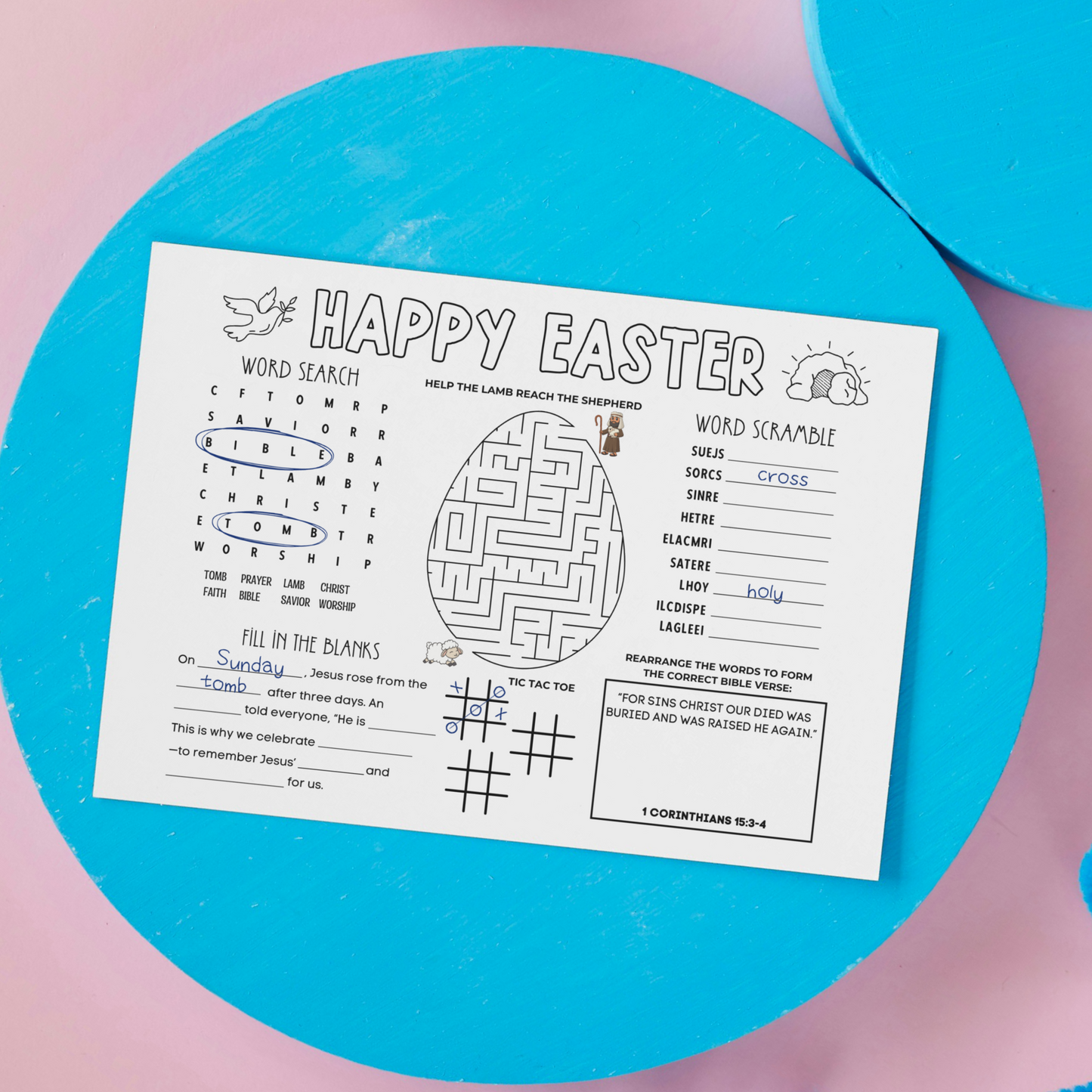 Easter Placemat Activity Printable Sheet, Christian Games For Kids Holy Week