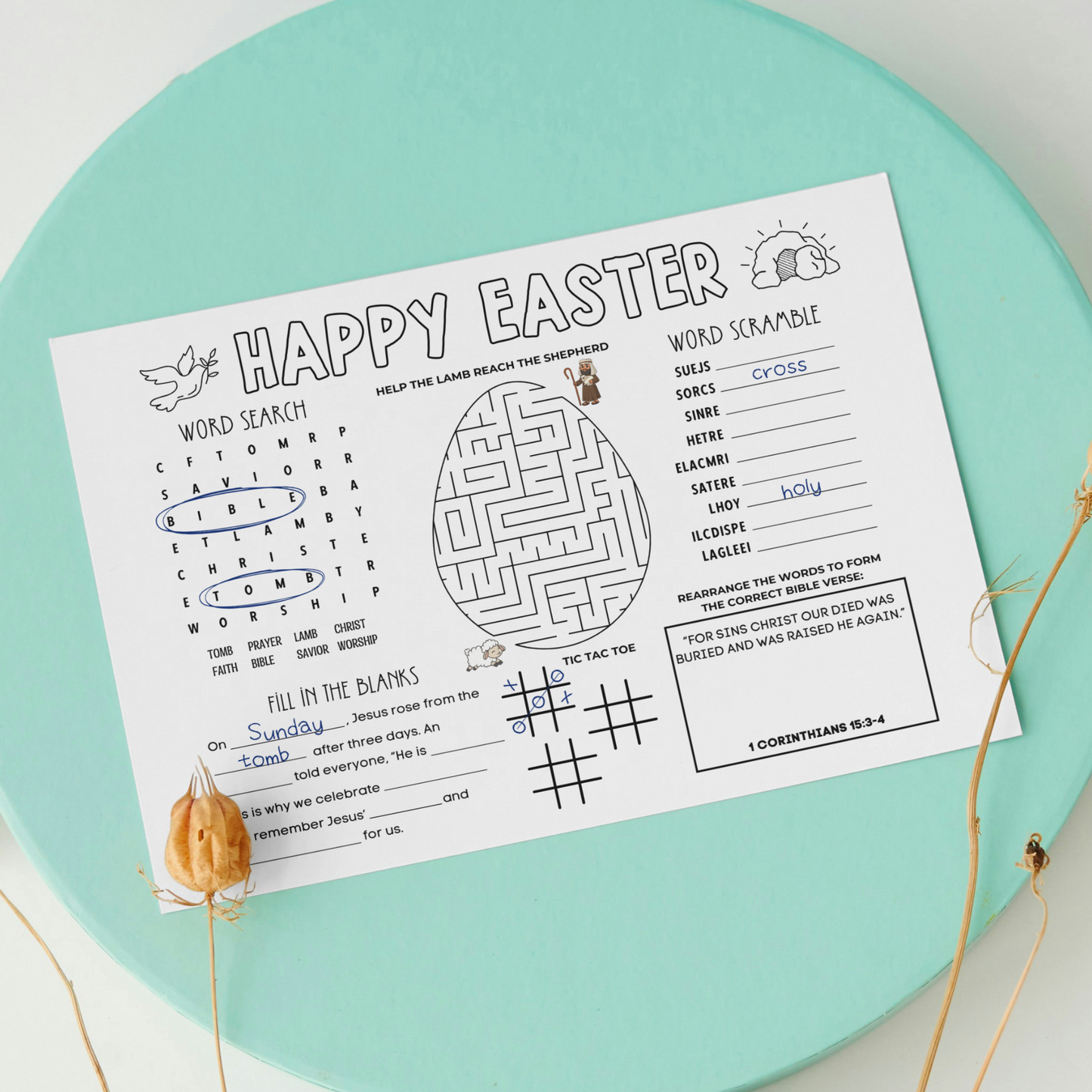 Easter Placemat Activity Printable Sheet, Christian Games For Kids Holy Week