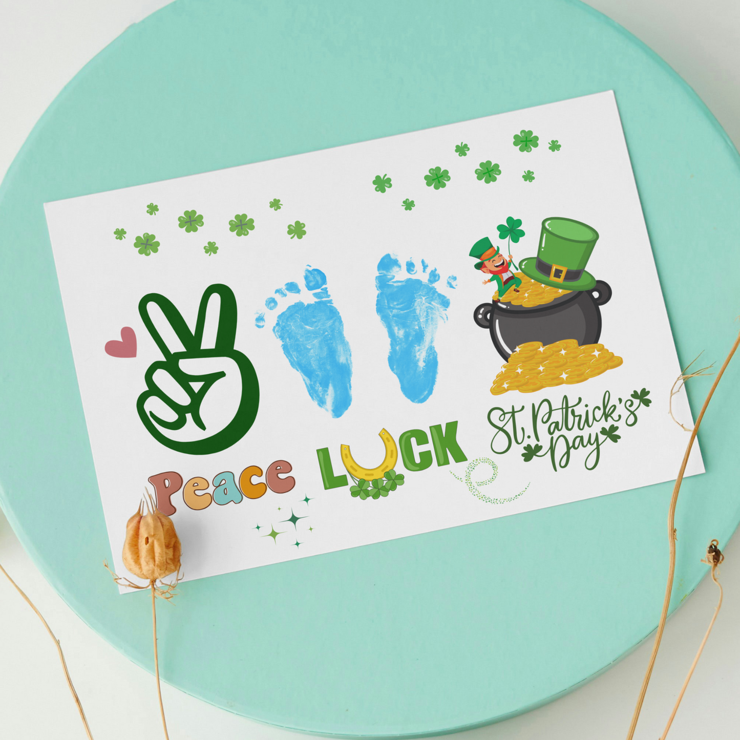 St Patricks Day Lucky Footprint Craft Printable Gift, DIY March Luck Handprint Art Keepsake for Kids