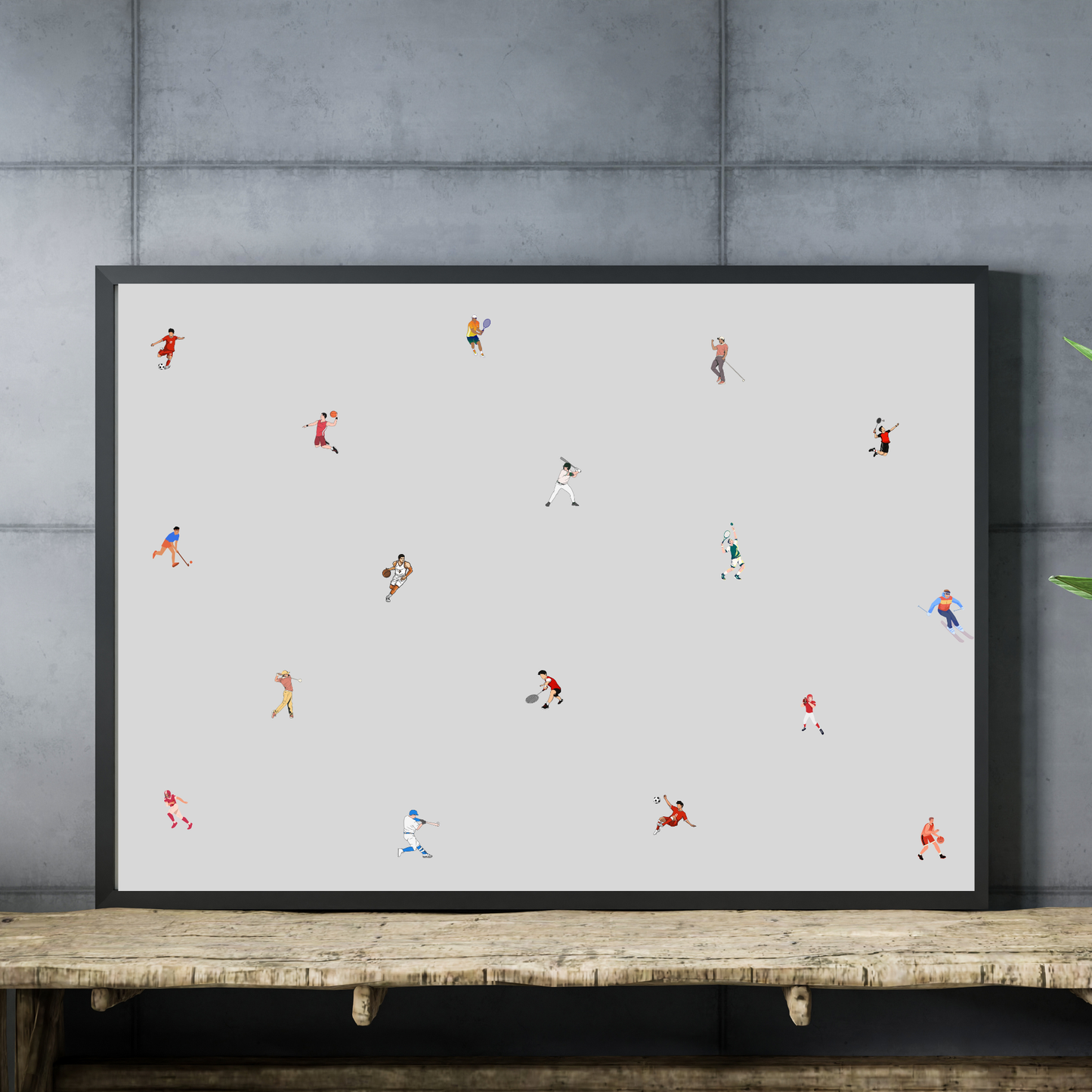 Tiny Male Sports Players Print Retro Minimalist People Art