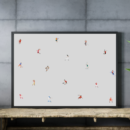 Tiny Male Sports Players Print Retro Minimalist People Art